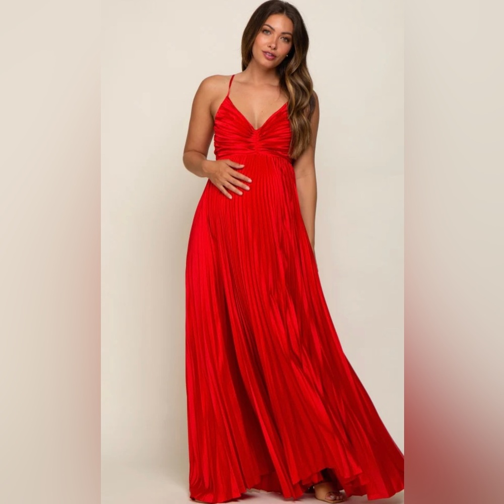 PinkBlush Red Satin Pleated Cutout Maternity Dress - NEW